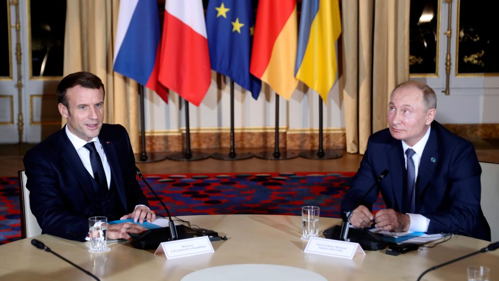 epa08057626 French President Emmanuel Macron (L) and Russian President Vladimir Putin attend a working session with German Chancellor Angela Merkel and Ukrainian President Volodymyr Zelenskiy at the Elysee Palace in Paris, France, 09 December 2019. German Chancellor Merkel, French President Macron, Ukrainian President Zelensky and Russian President Putin took part in the summit. The Normandy format was created in 2014 to resolve the conflict between Kiev and the breakaway republics in Ukraine’s east.  EPA-EFE/Thibault Camus / POOL  MAXPPP OUT