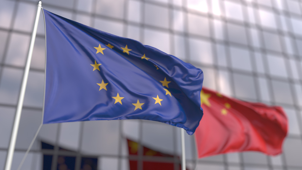 Waving,Flags,Of,The,European,Union,Eu,And,China,In