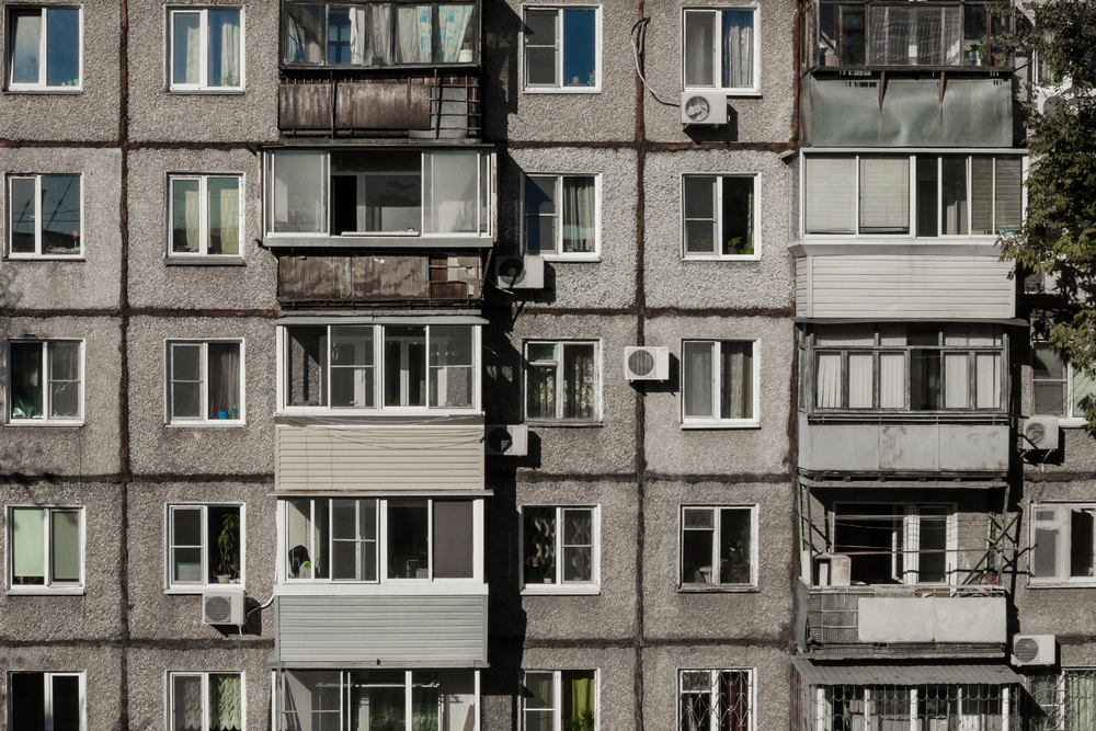 Windows,And,Balconies,Of,A,Dilapidated,House,Made,Of,Concrete.