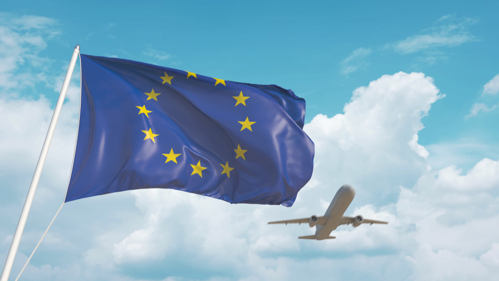 Plane,Arrives,To,Airport,With,Flag,Of,The,Eu.,European