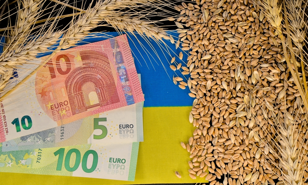 European,Union,Euro,Banknotes,On,The,Flag,Of,Ukraine,And