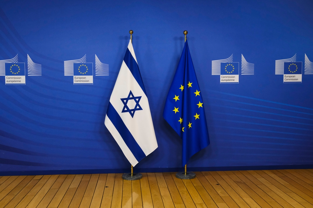 European,And,Israeli,Flags,Stand,At,Eu,Headquarters,In,Brussels,