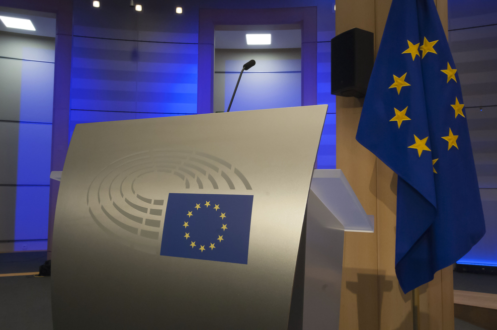 Speech,Podium,In,The,Main,European,Parliament,Building,In,Brussels.