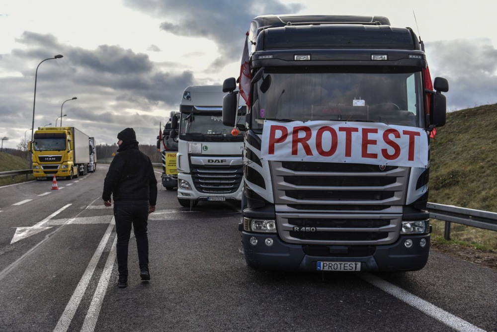 Trucks wait at Hrebenne border crossing to enter to Ukraine
