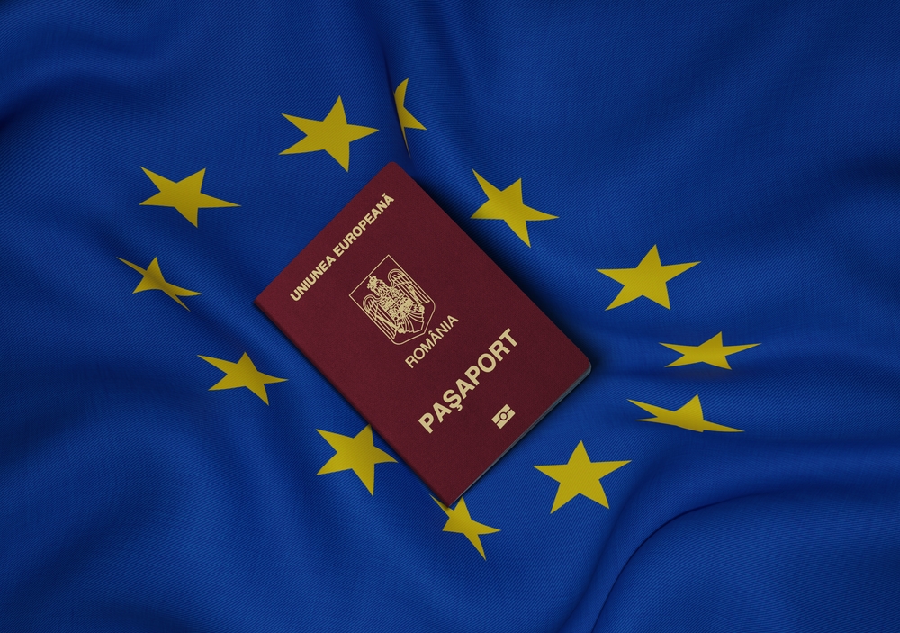 Romania,Passport,With,European,Union,Flag,In,Background,,,3d