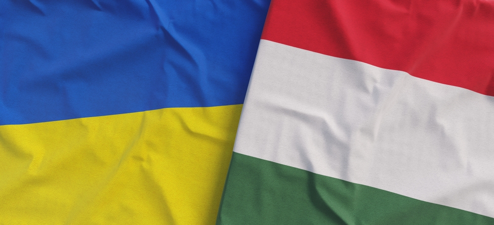Flags,Of,Ukraine,And,Hungary.,Linen,Flags,Close,Up.,Flag