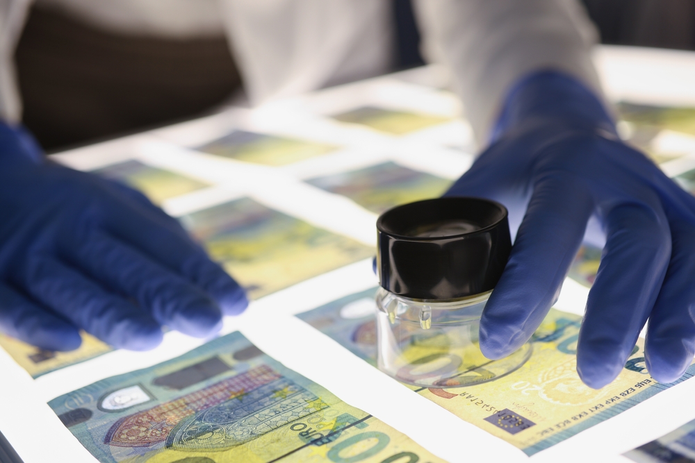 Man,In,Rubber,Gloves,Checking,Authenticity,Of,Euro,Bills,Using