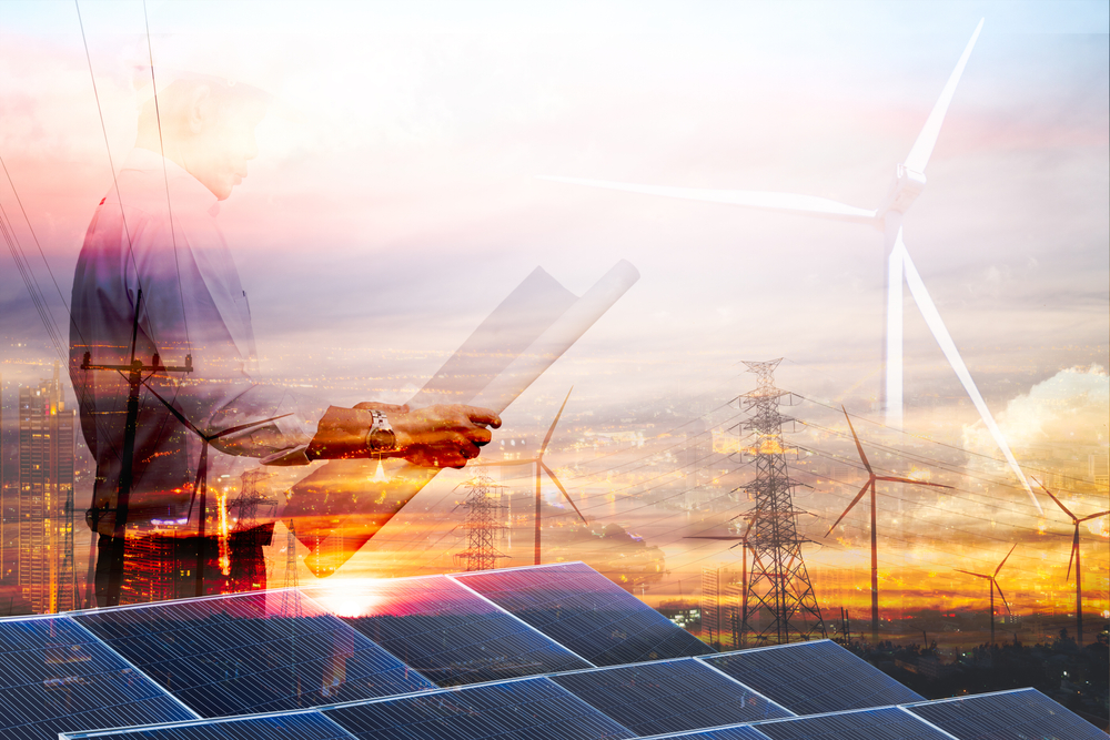 Double,Exposure,Graphic,Of,Business,People,Working,Over,Wind,Turbine