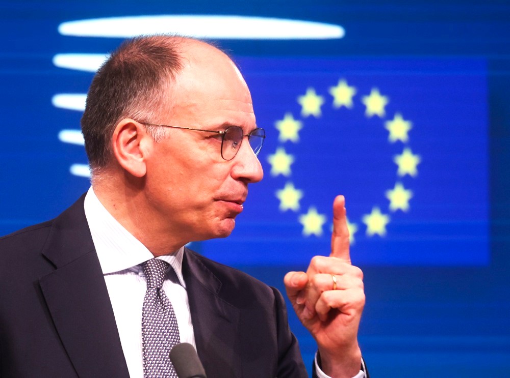 epa11284005 Enrico Letta, former President of the Italian Council and President of the Jacques Delors Institute and author of the High-Level Report on the future of the Single Market,  gives a press conference before the Special European council in Brussels, Belgium, 17 April 2024. Over a two-day summit, EU leaders will discuss economy and competitiveness issues, Ukraine and the Middle East.  EPA-EFE/OLIVIER HOSLET