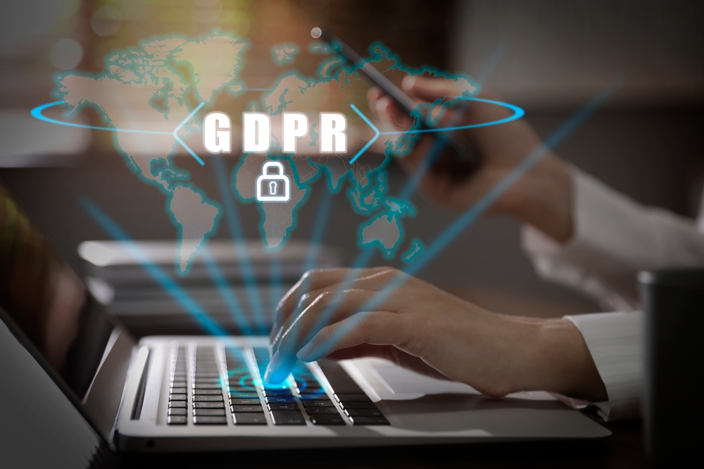 General,Data,Protection,Regulation.,Woman,Pressing,Button,On,Laptop,At