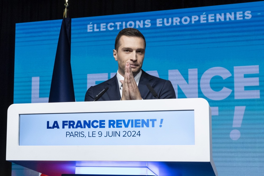 France’s National Rally leader Bardella addresses supporters after the European elections
