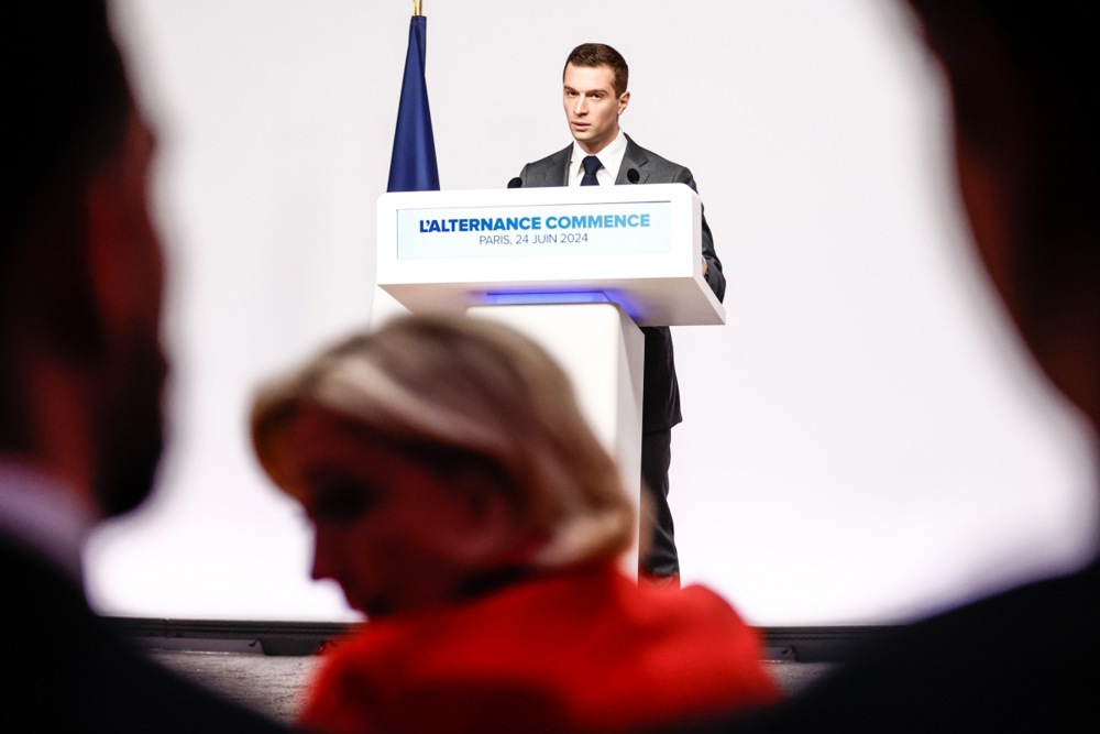 French Rassemblement National leader Jordan Bardella presser ahead of elections