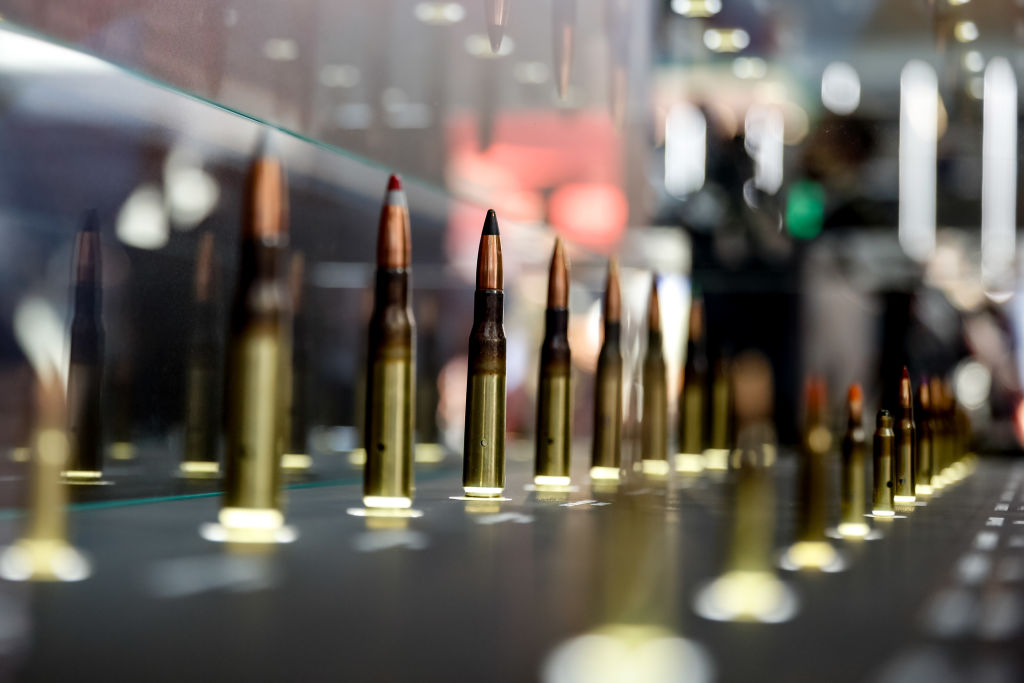 Ammunition stand is seen during the 32nd International