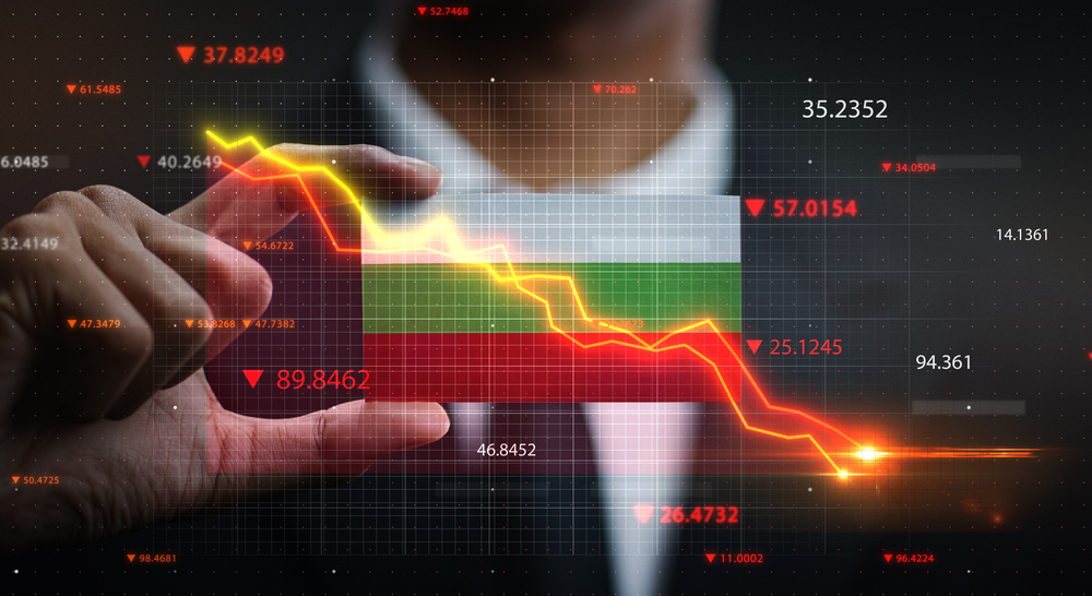 Graph,Falling,Down,In,Front,Of,Bulgaria,Flag.,Crisis,Concept