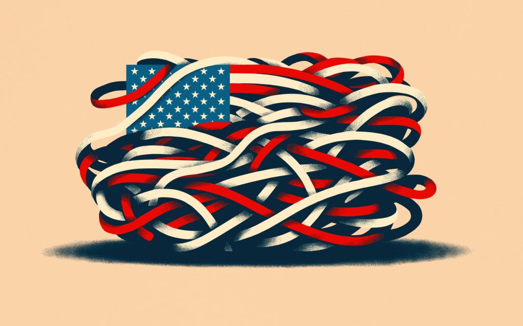 Illustration of the American flag tangled in a knot