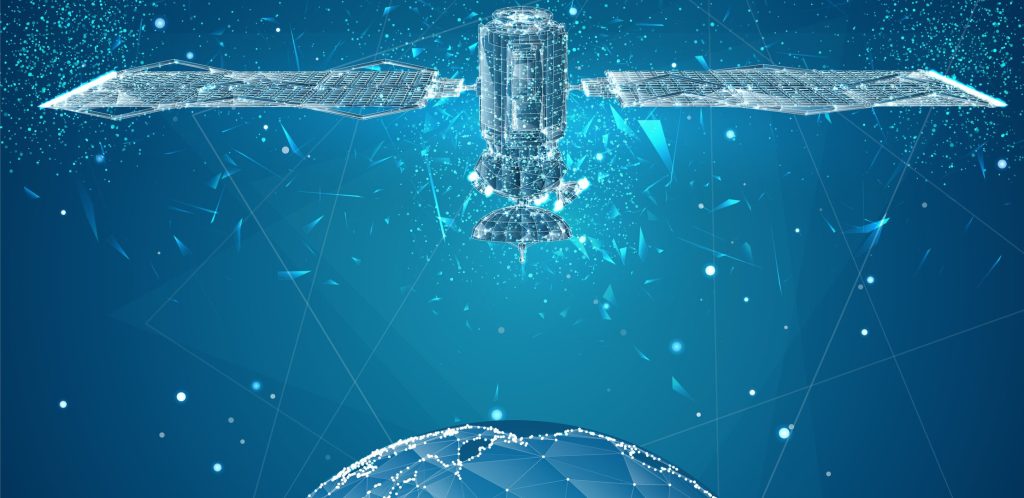 vector 3d background. communication satellite in a volumetric tr