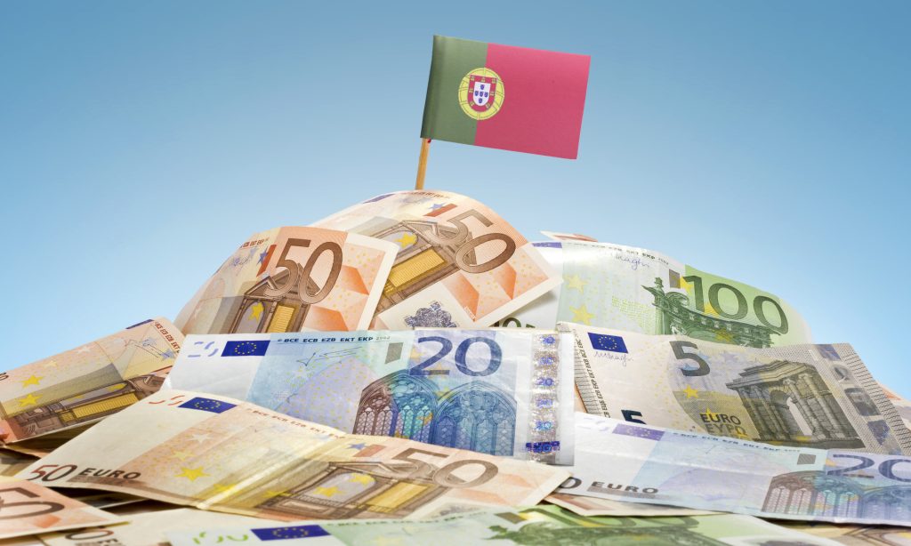 Flag of Portugal sticking in european banknotes.(series)