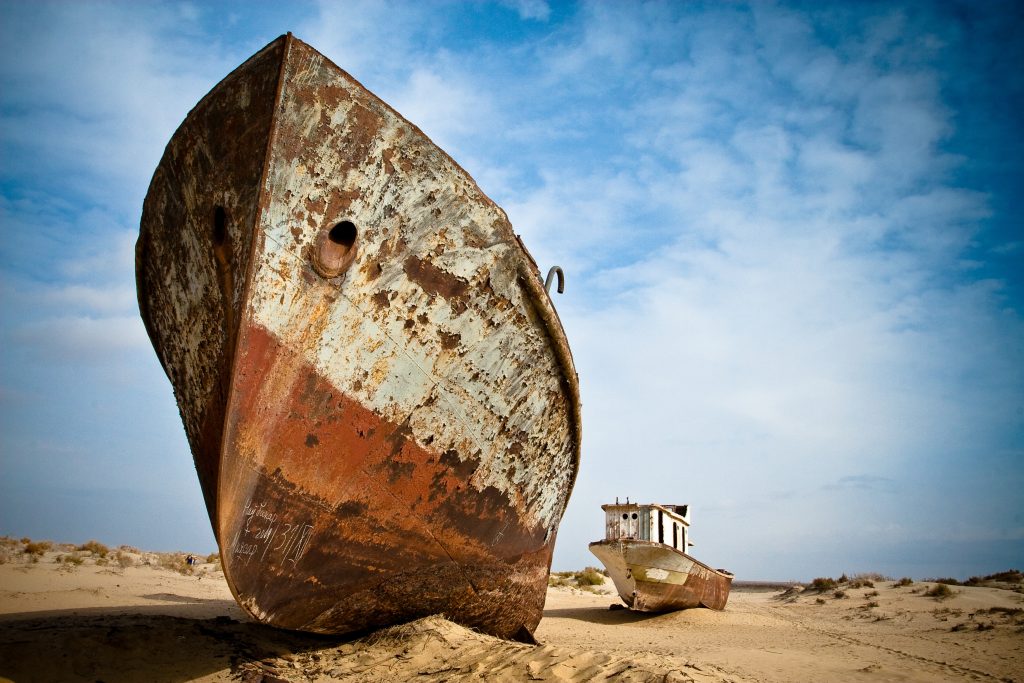 Beached ships of Aral Sea at Moynaq