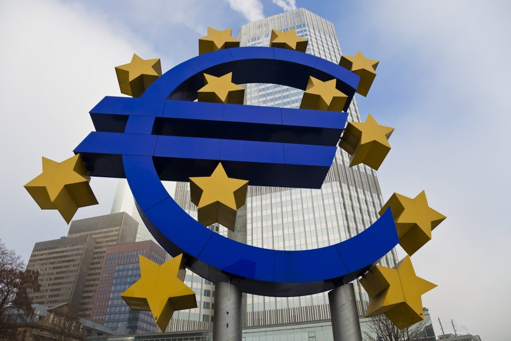 Euro sign and EZB European Central Bank Tower.