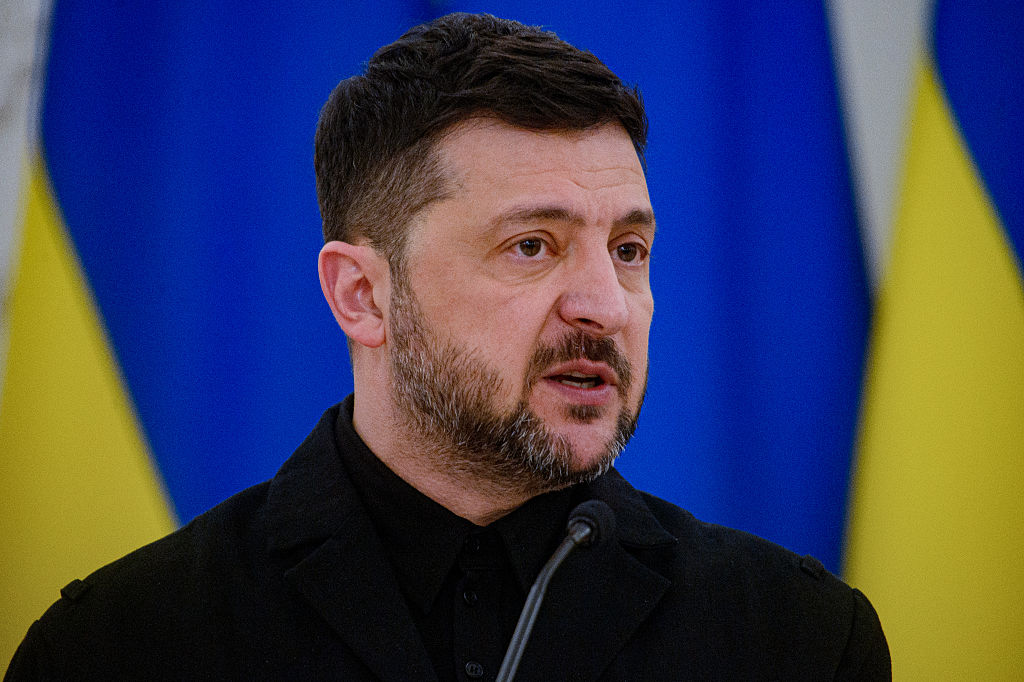 Ukrainian President Volodymyr Zelenskyy seen talking  during