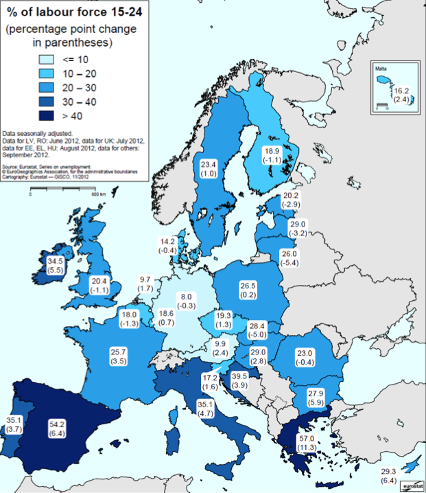 Carte du chômage des jeunes en Europe - Septembre 2012